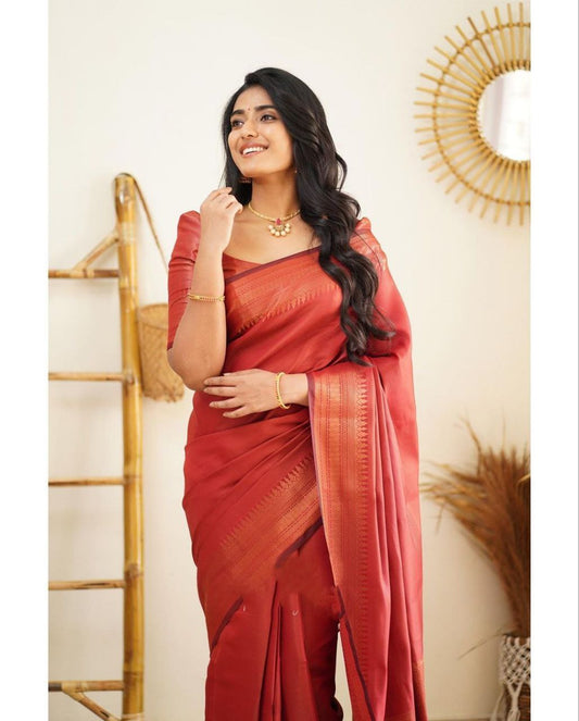 Partywear Pure Silk Red Colour Saree With Blouse