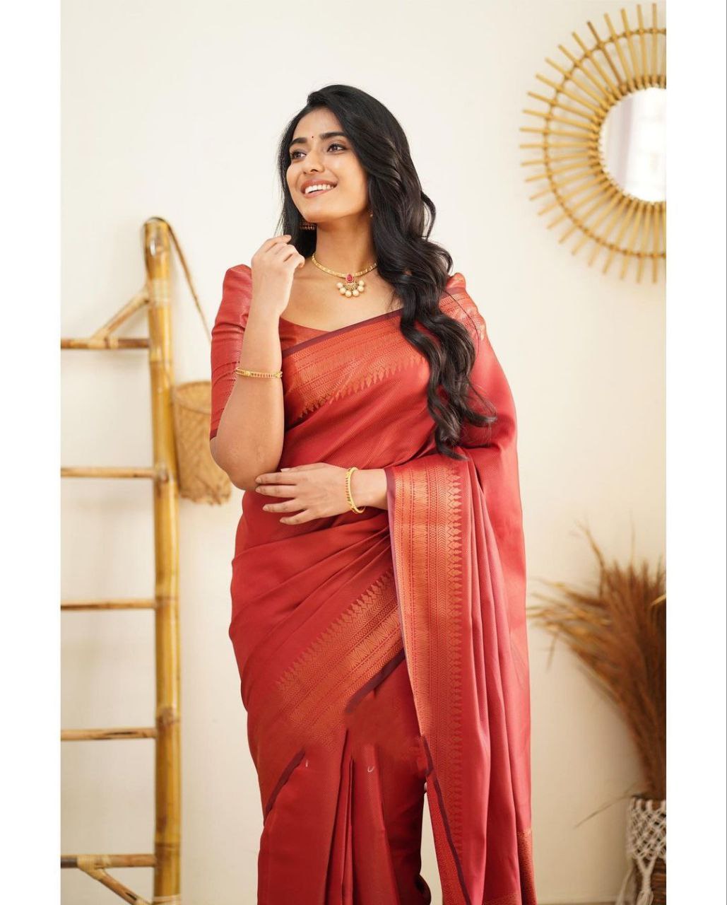 Pure Silk Kanjivaram Red Saree With Unstitched Blouse