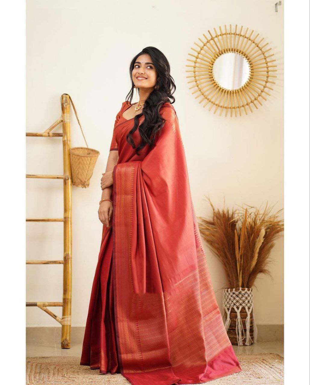 Pure Silk Kanjivaram Red Saree With Unstitched Blouse