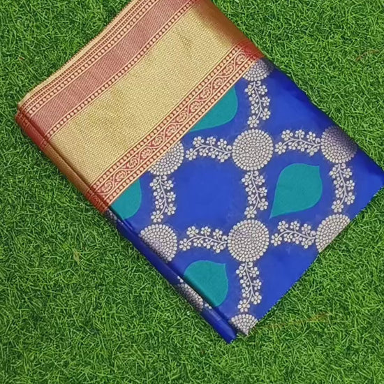 Banarasi Pure Silk Blue Saree With Zari Border