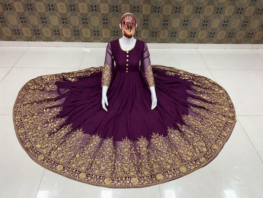 Designer Wine Color Wedding Wear Dress With Dupatta Set