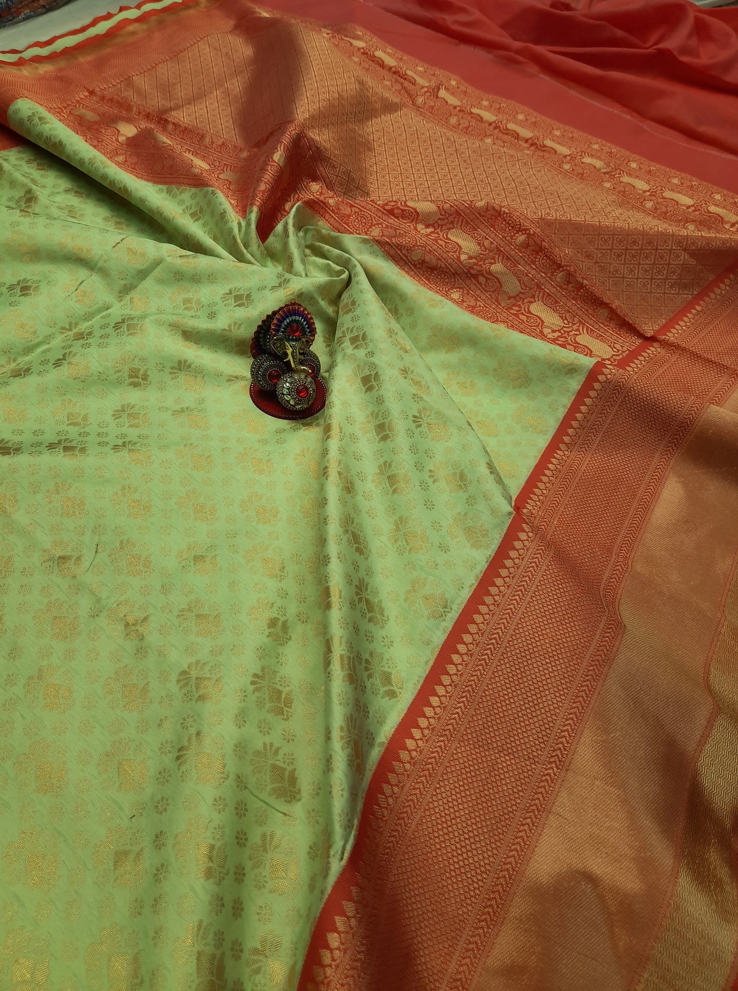 LIght Green and Red Kanjeevaram Saree with For Women
