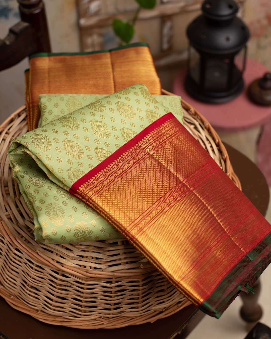 LIght Green and Red Kanjeevaram Saree with For Women