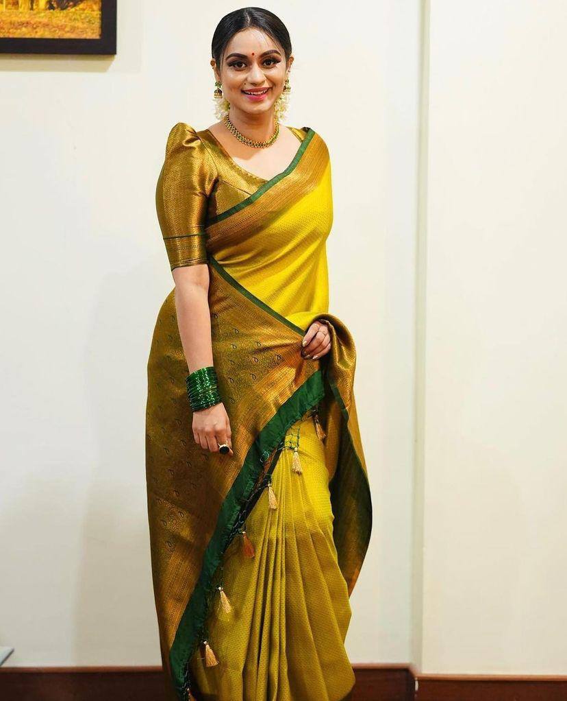 Pure Silk Kanjivaram Yellow Brown Saree for women