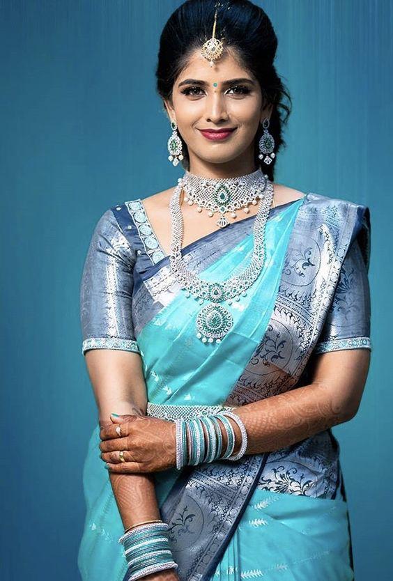Pure Silk Kanjivaram saree with Blue color Designer Blouse