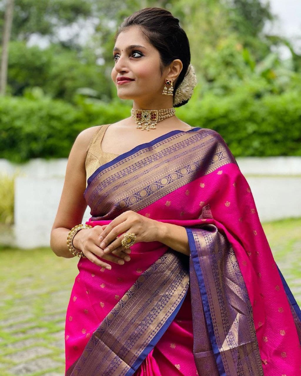 Hot Pink Shibori Saree with Mirrorwork Blouse