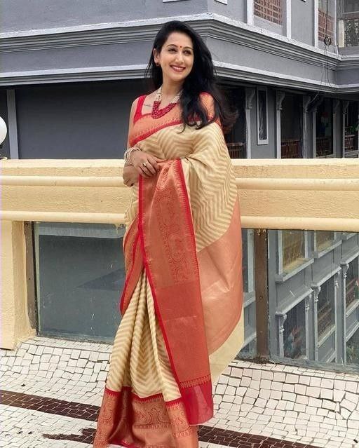 Chanderi Cream and Red Saree for women