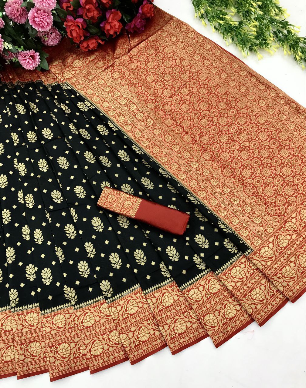 Black Kanjivaram  Saree With Red Soft Blouse  Floral Design party  || Rooprekha