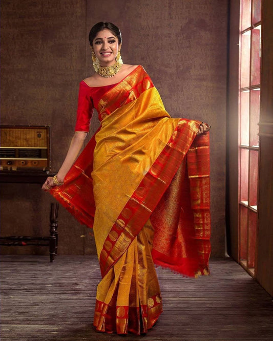 Yellow and Red Pure Silk Kanjivaram saree for wedding and party wear