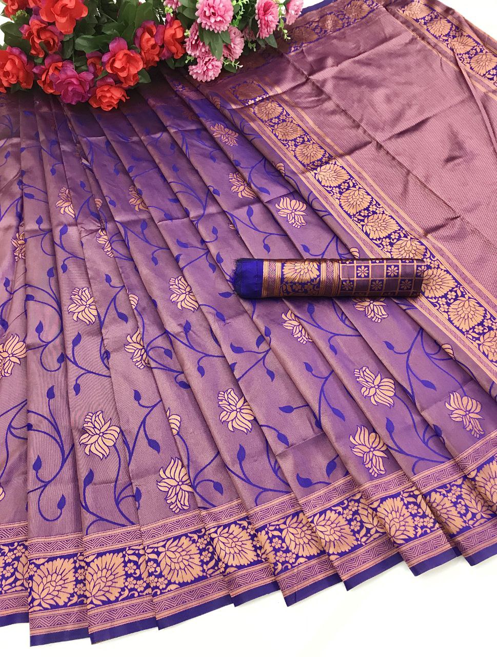 Puple Kanjivaram saree With Copper Border for wedding and party wear