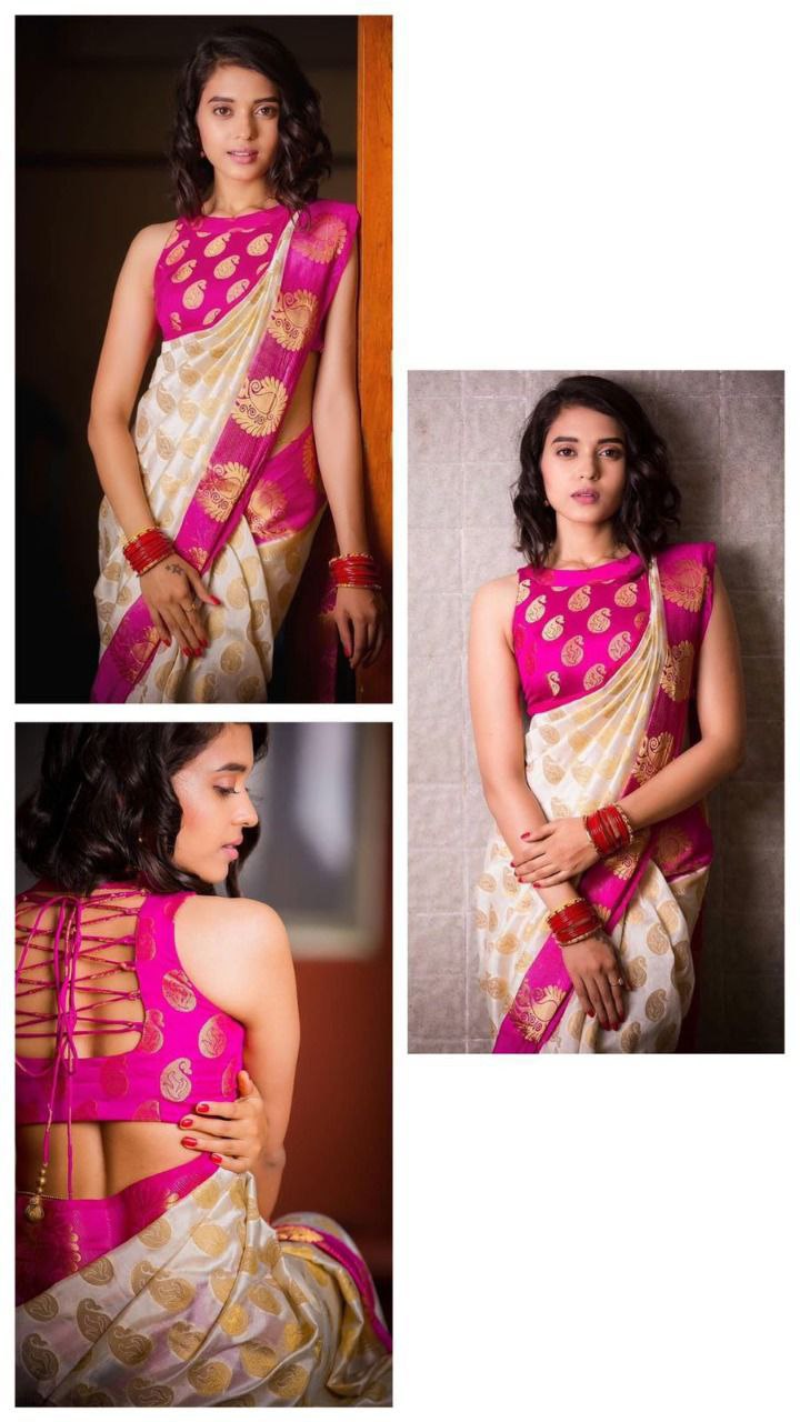 Cream With Pink Border Silk Traditional Saree – paanericlothing