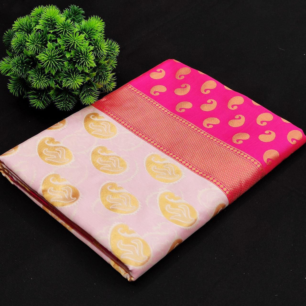 new Pure Silk Kanjivaram Pink and Cream Saree With Unstitched Blouse