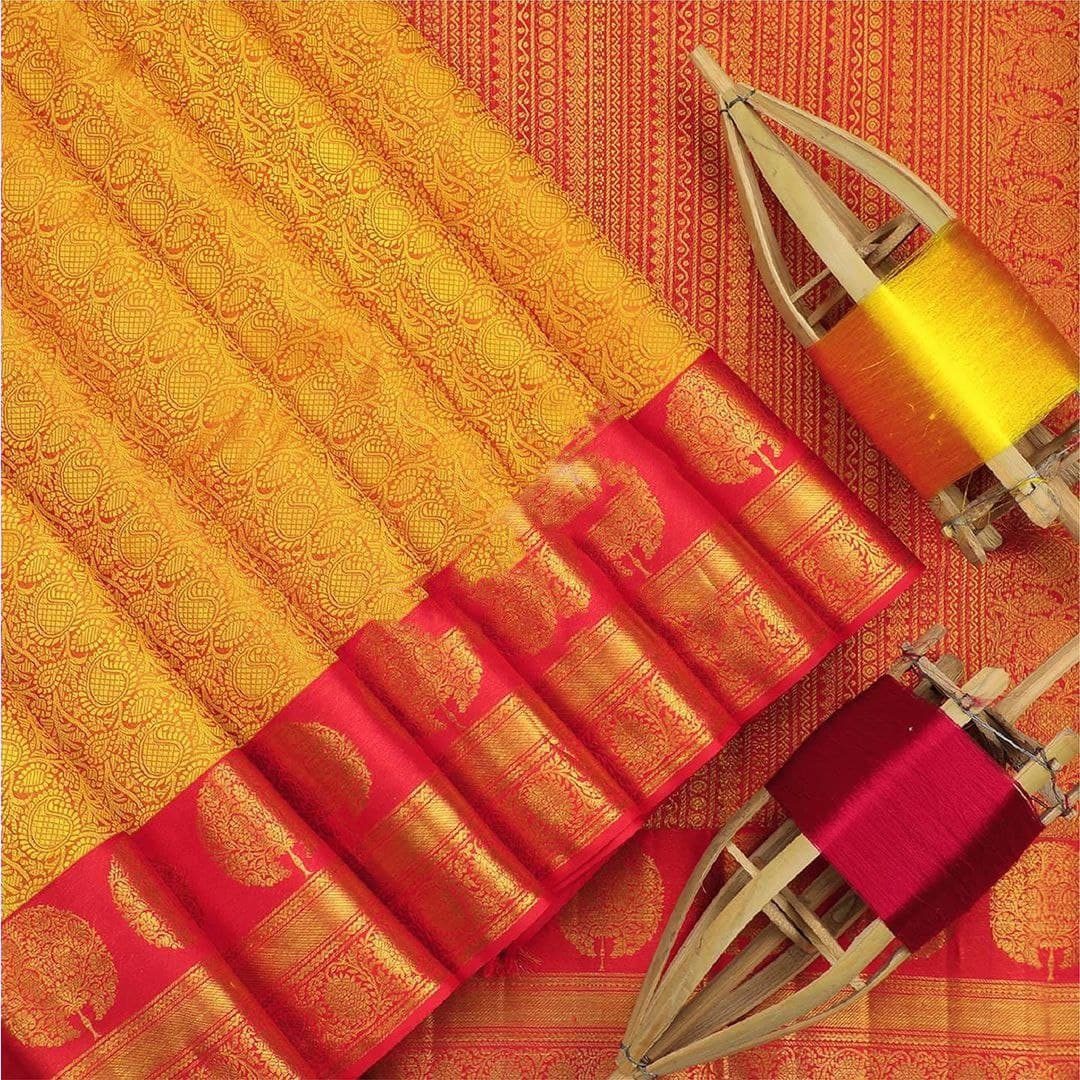 Yellow and Red Pure Silk sari for wedding