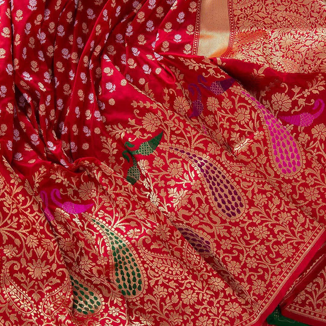 Latest Flower Design Red Saree and Designer Blouse