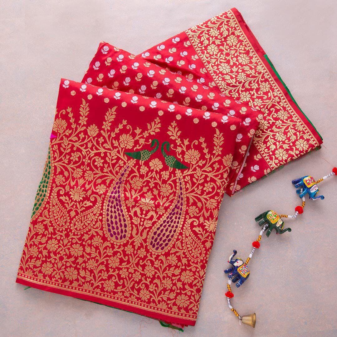 Latest Flower Design Red Saree and Designer Blouse
