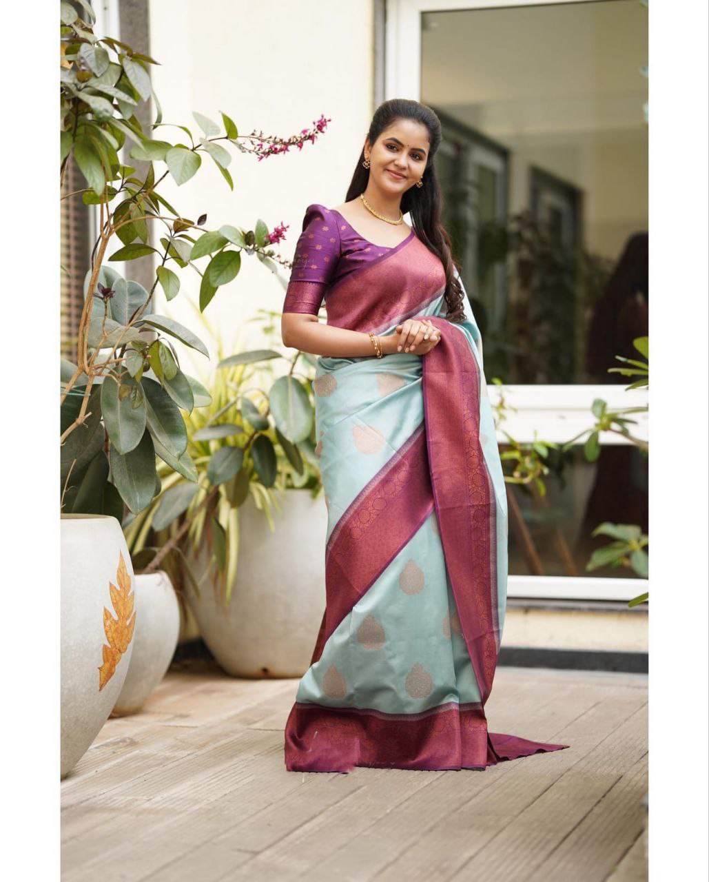 Buy Spetila Woven, Floral Print Kanjivaram Jacquard, Pure Silk Light Blue  Sarees Online @ Best Price In India | Flipkart.com