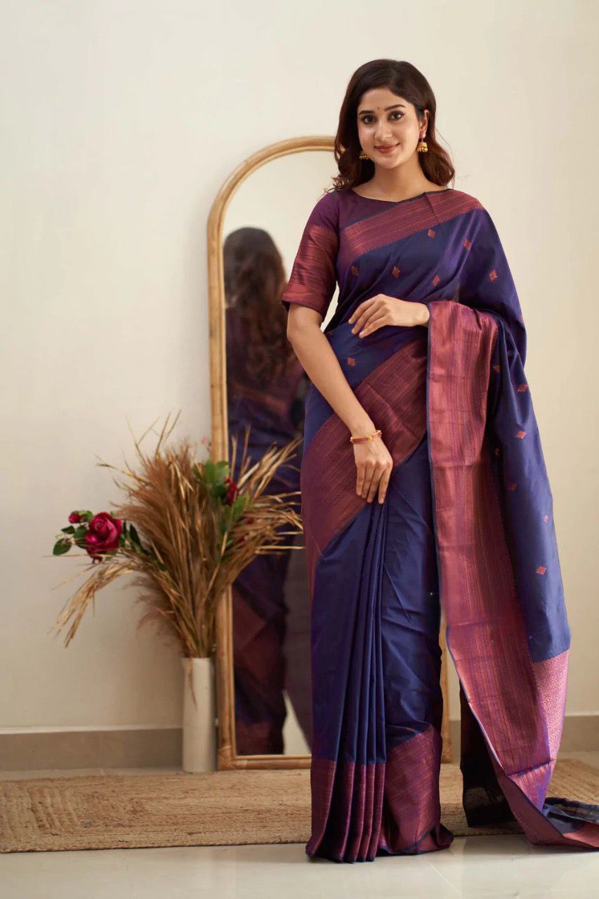  blue Kanjivarm saree with copper zari border for women