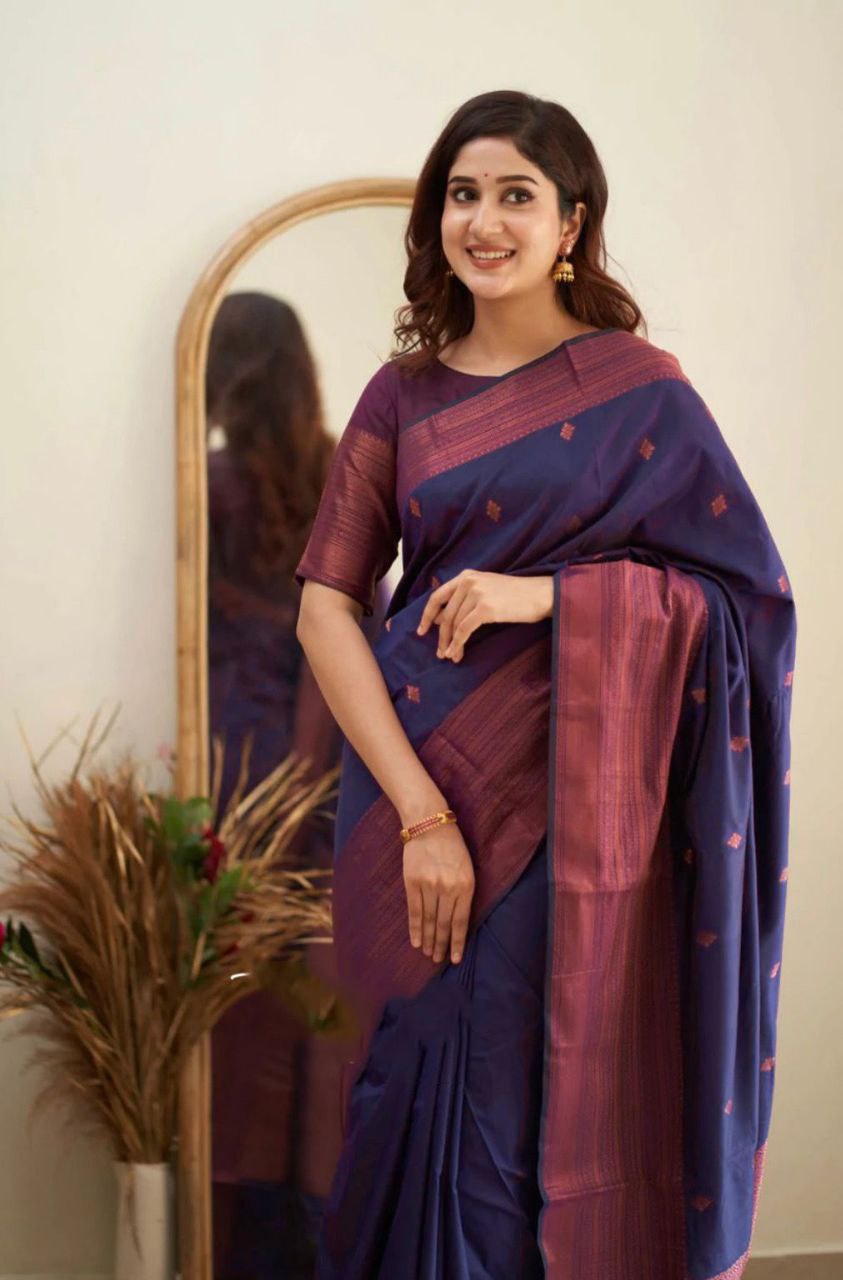 Pure Silk blue Kanjivarm saree with copper zari border for women