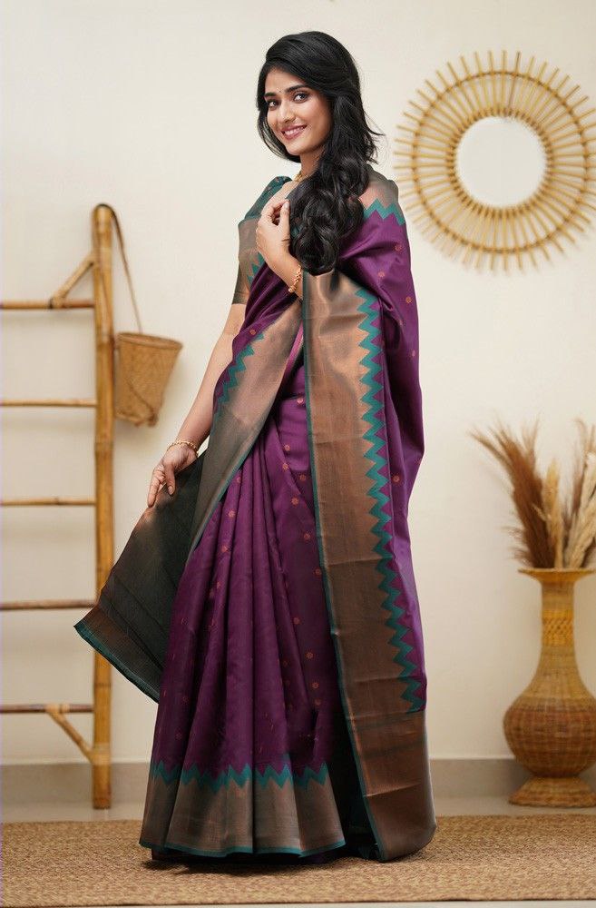 Purple copper border Kanjeevaram saree with blouse