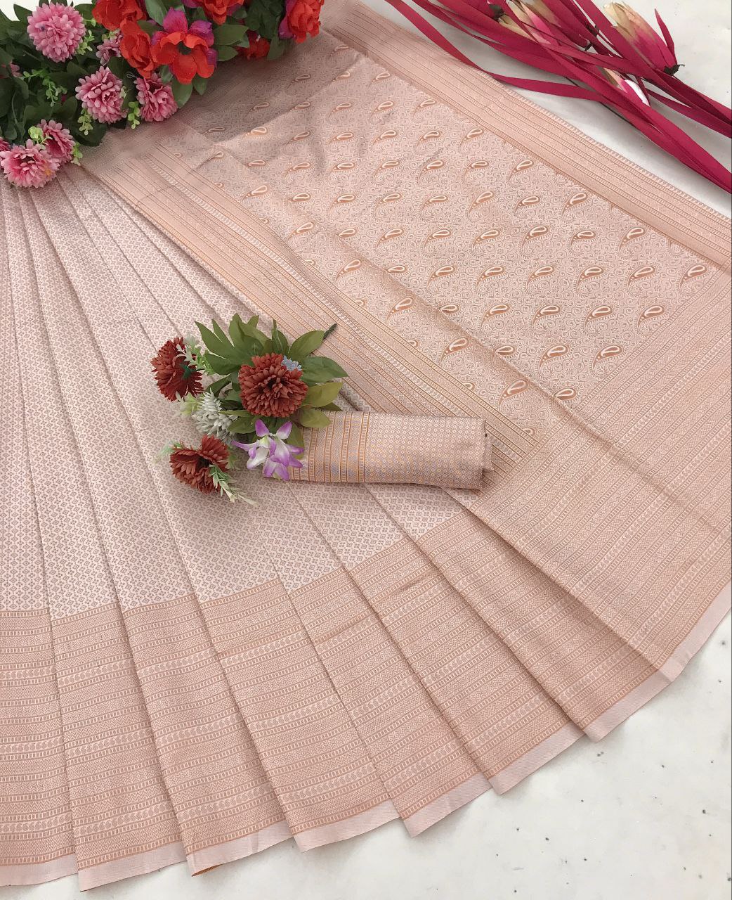 best Pure Silk Cream saree with blouse for wedding