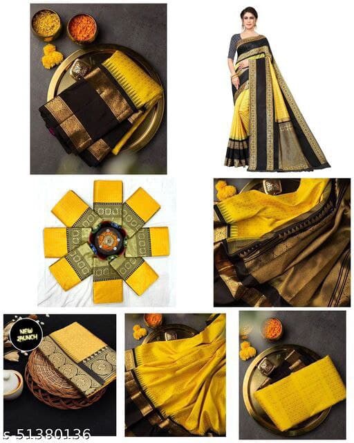 Yellow and Black Sari with Copper Zari Border