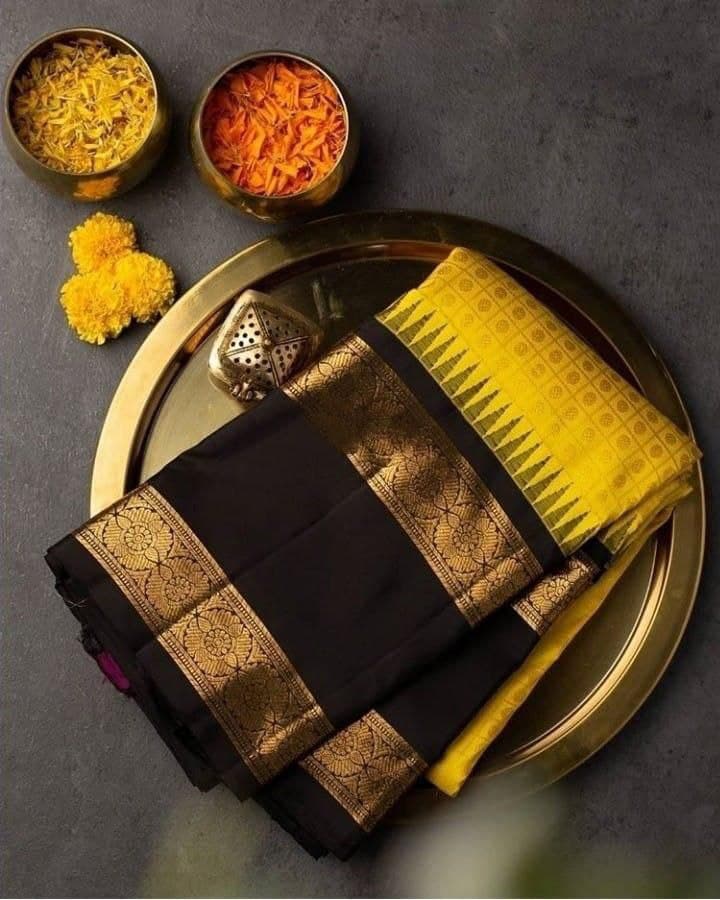Yellow and Black Kanjivaram Saree for party